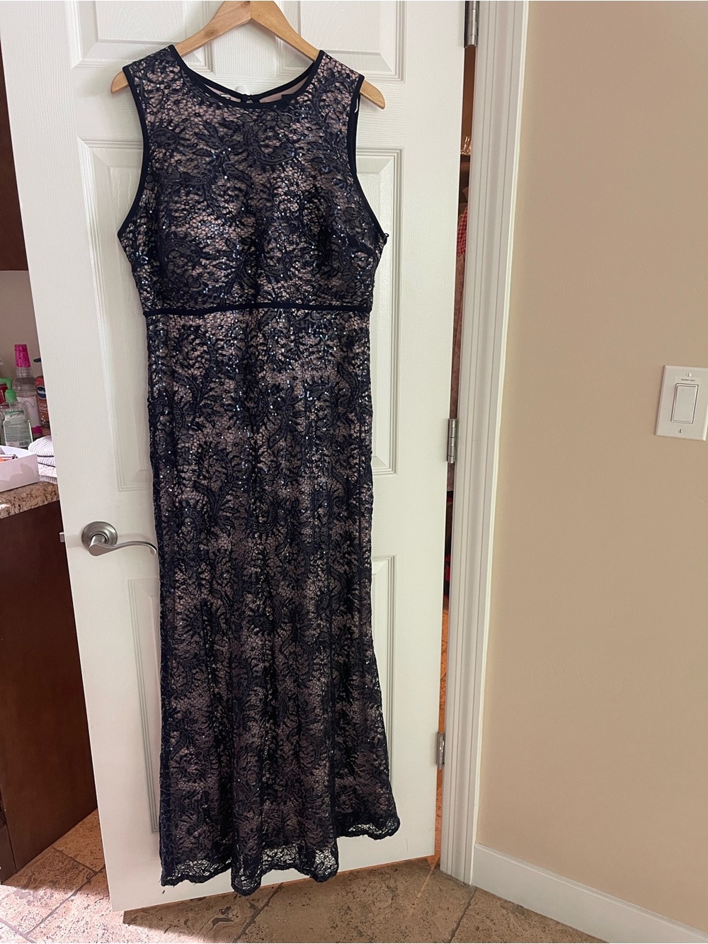 Plus Size Navy Lace Maxi Dress with Nude Lining - Picture 3 of 15